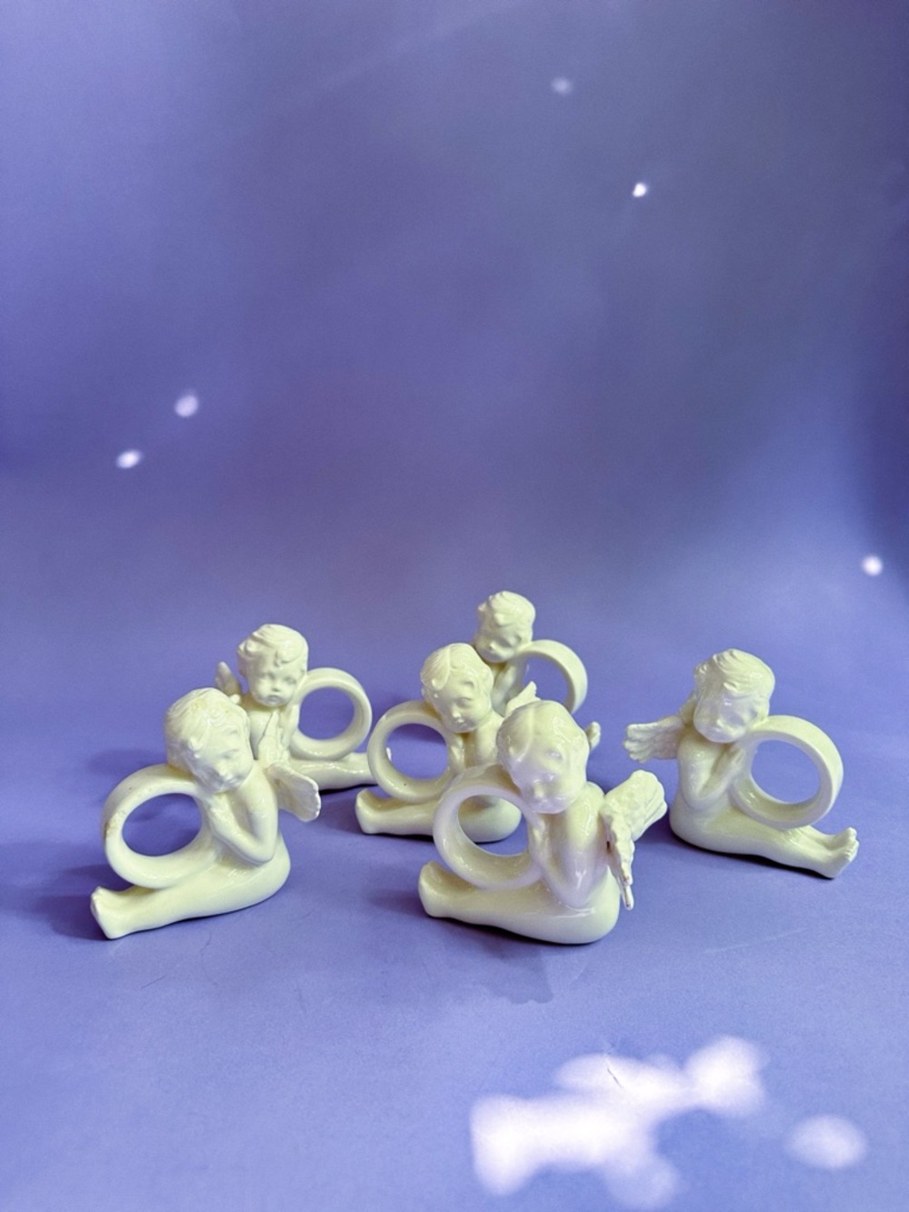 Set of 5 Ceramic Cherub Napkin Rings in Glossy Ivory